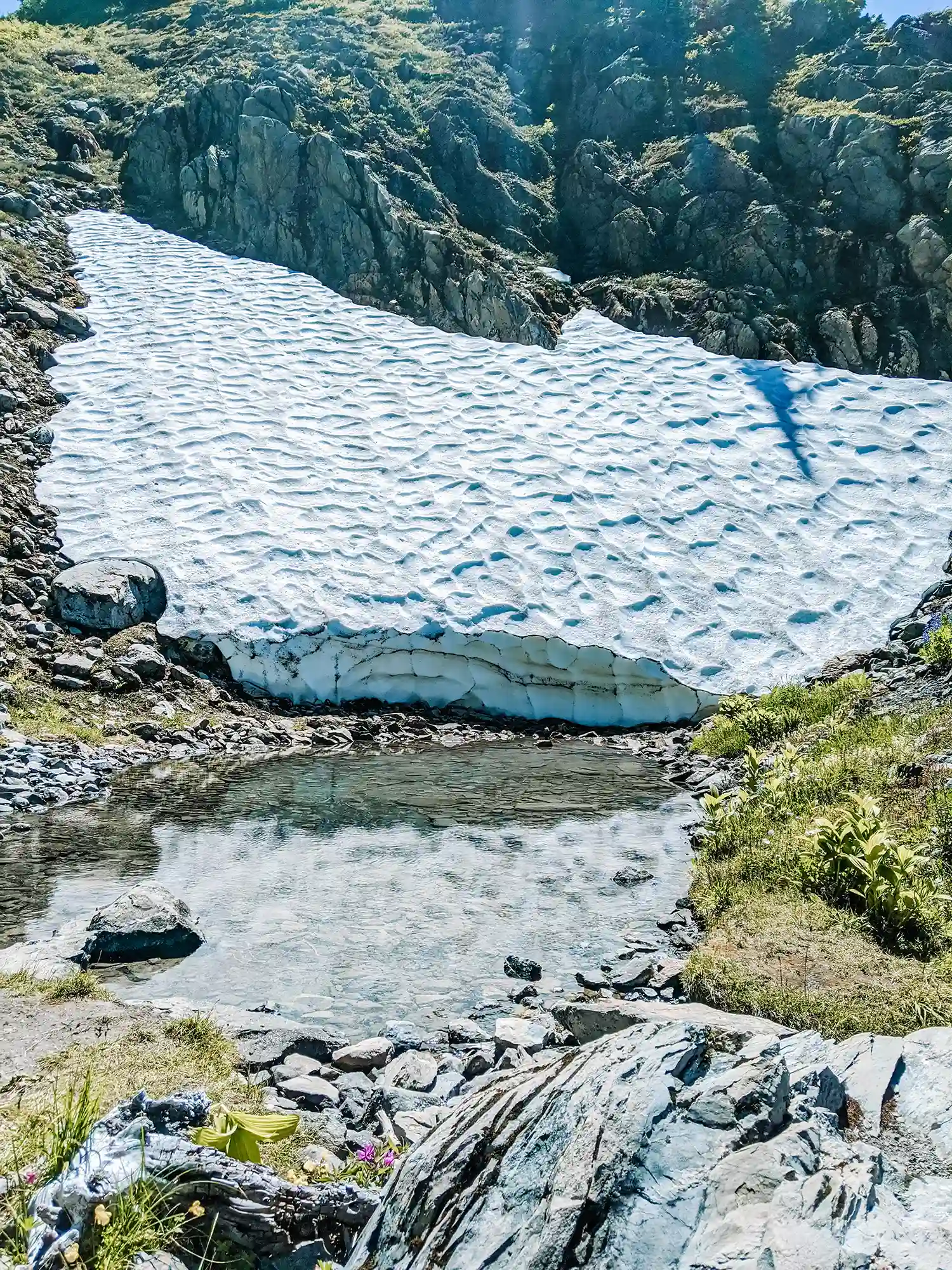 A melting snow patch forms a clear pool on the rocky mountainside is one of the highlight in our guide to backpacking The Hoh Rainforest.