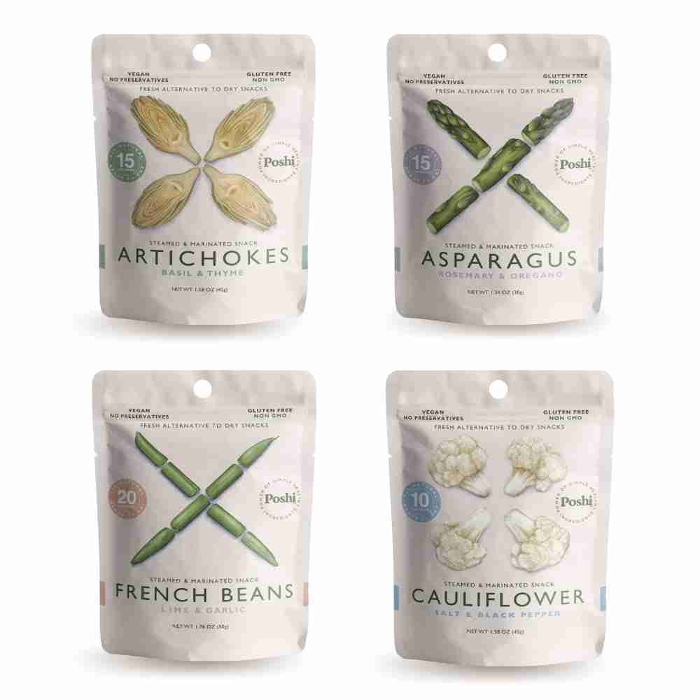 This is a variety pack of vegetable-based snacks in resealable pouches, offering healthy snacks you can bring on an airplane, featuring options like artichokes and asparagus for a nutritious and convenient travel treat.