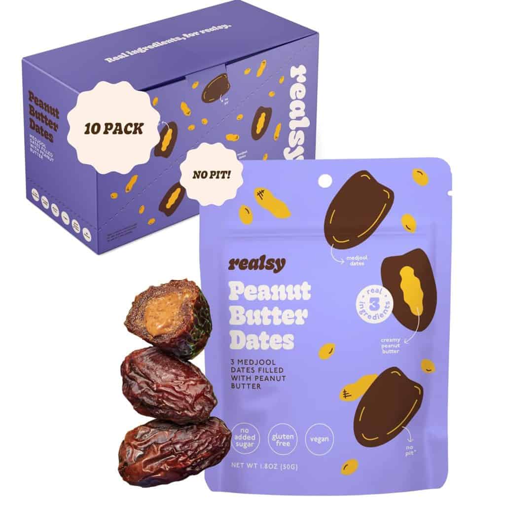 A bag of peanut butter-filled dates, which are an ideal snack you can bring on an airplane due to their portability and satisfying sweetness.