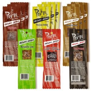 A variety pack of Primal Spirit vegan jerky sticks in different flavors, offering a convenient, plant-based protein option among snacks you can bring on an airplane.