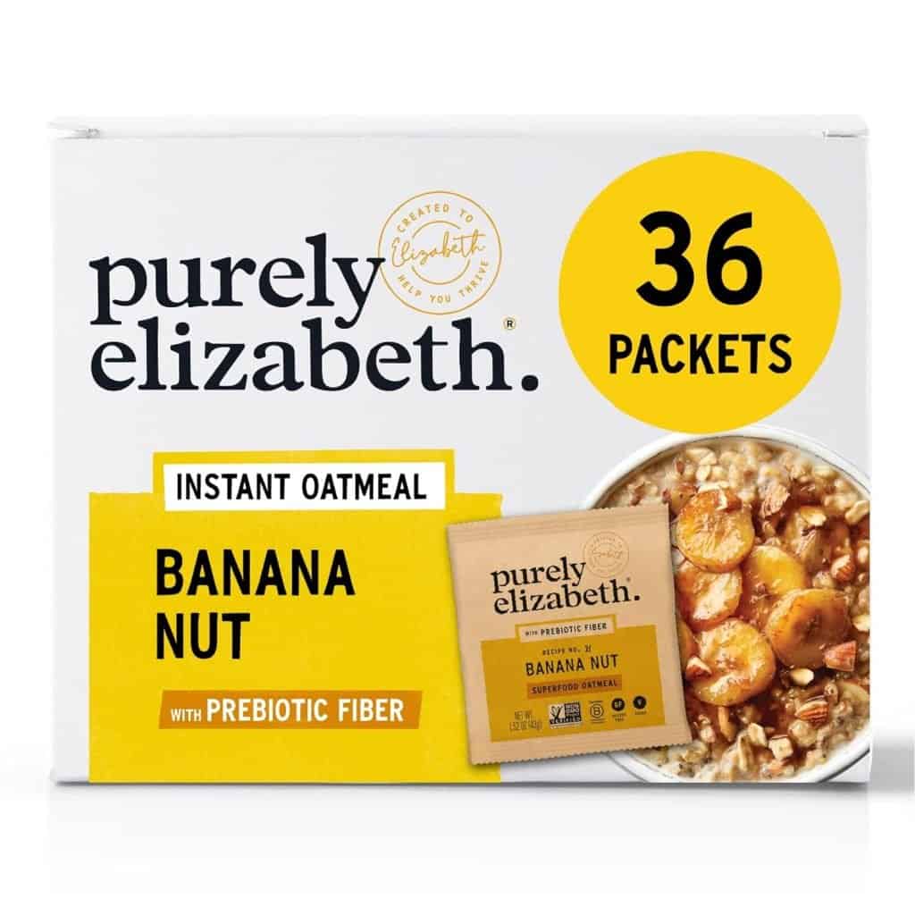 A box of Purely Elizabeth Banana Nut Instant Oatmeal, which contains 36 convenient packets, making it a perfect, healthy snack you can bring on an airplane.