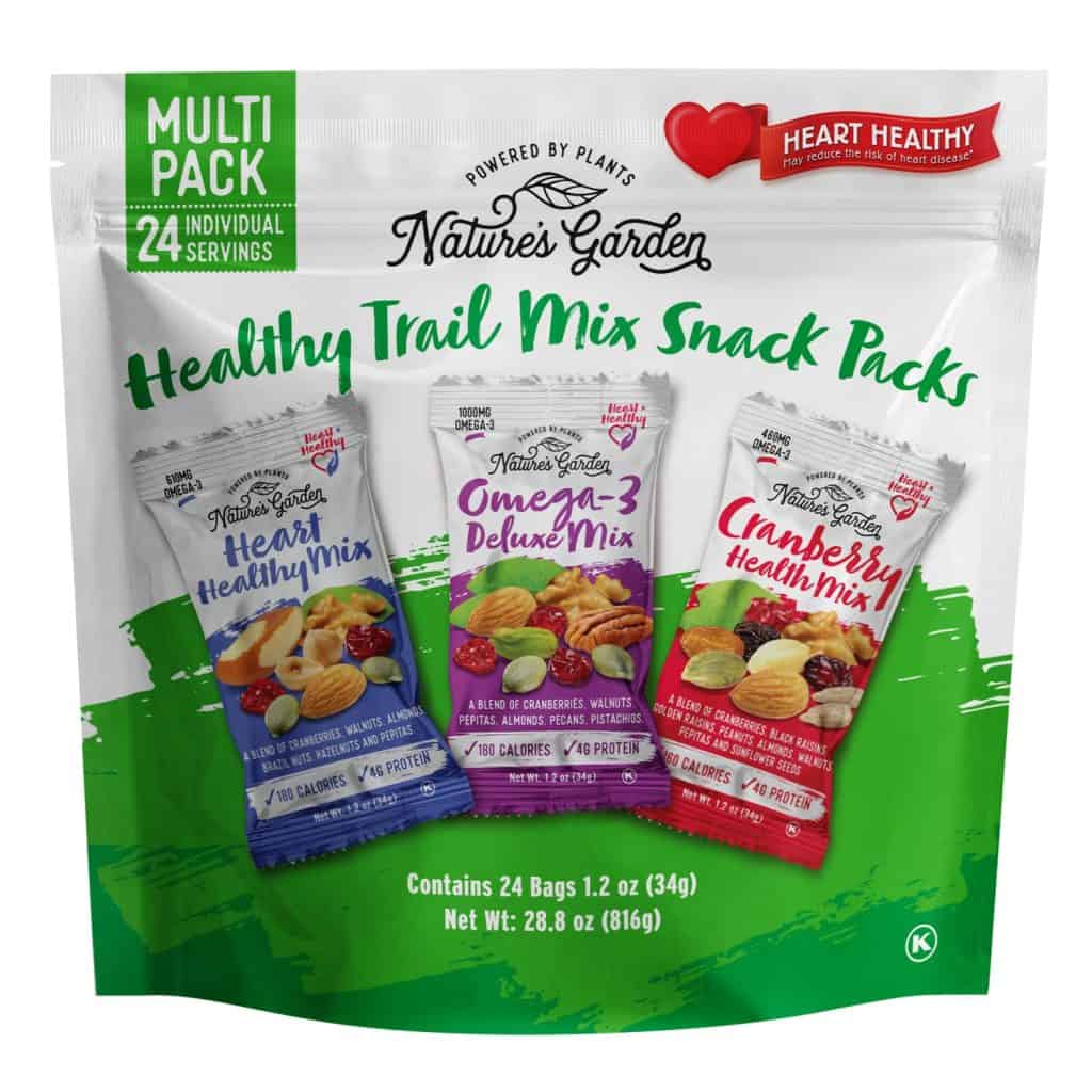 A multi-pack of healthy trail mix snack packs, ideal for snacks you can bring on an airplane, featuring a variety of flavors including heart-healthy options.