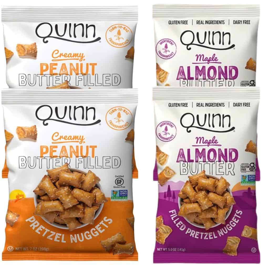 Quinn’s Peanut Butter and Maple Almond Filled Pretzel Nuggets are great snacks you can bring on an airplane, offering a tasty combination of crunchy pretzels with creamy fillings in easy-to-carry packs.