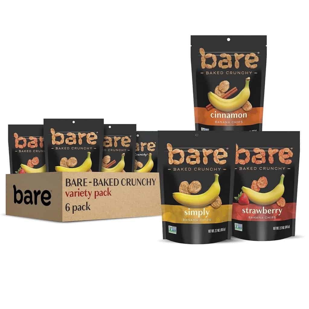 A variety pack of Bare baked crunchy snacks, including banana chips, which are ideal snacks you can bring on an airplane for a healthy and crispy treat during your flight.