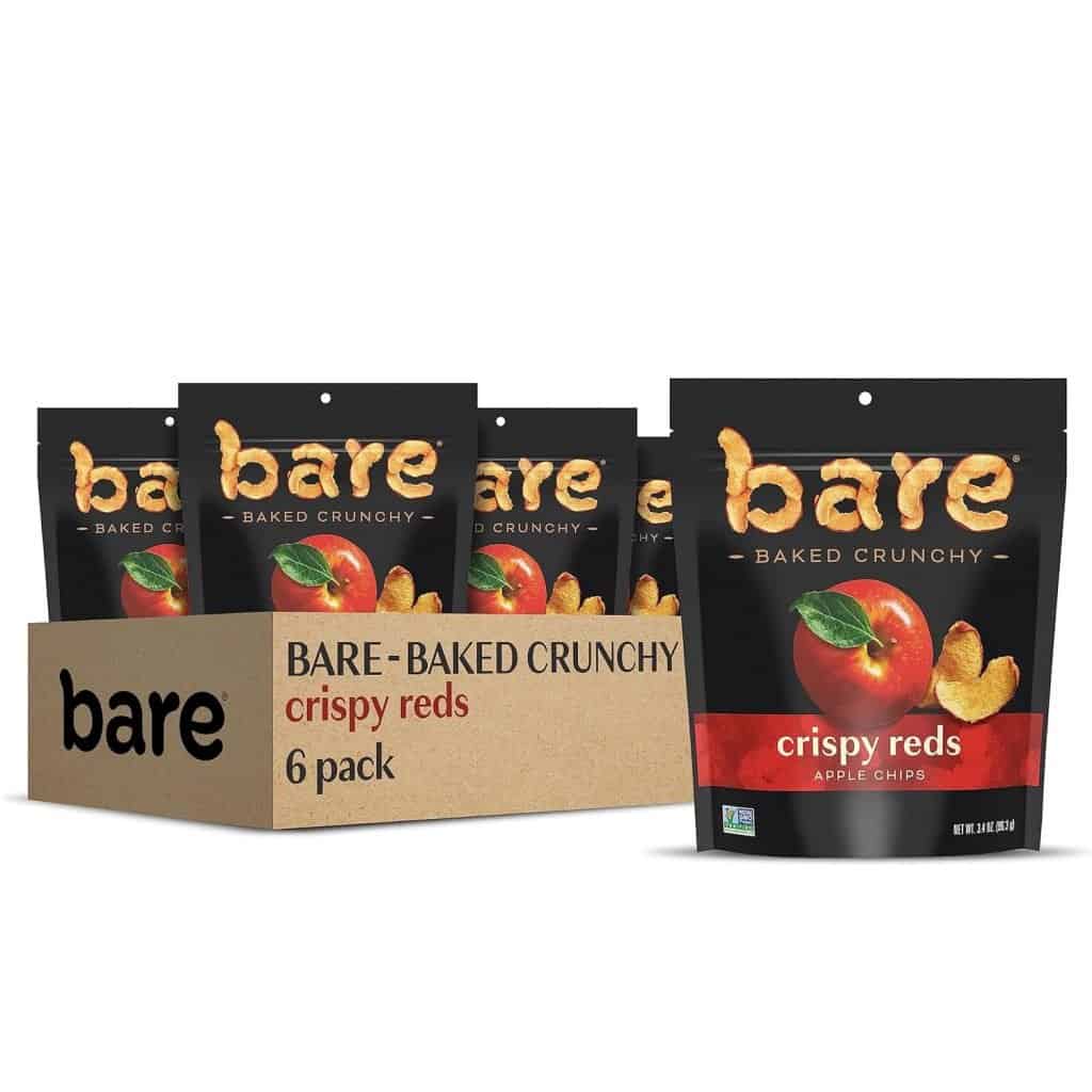 A variety pack of Bare crispy apple chips is displayed, offering a healthy and crunchy option for snacks you can bring on an airplane.