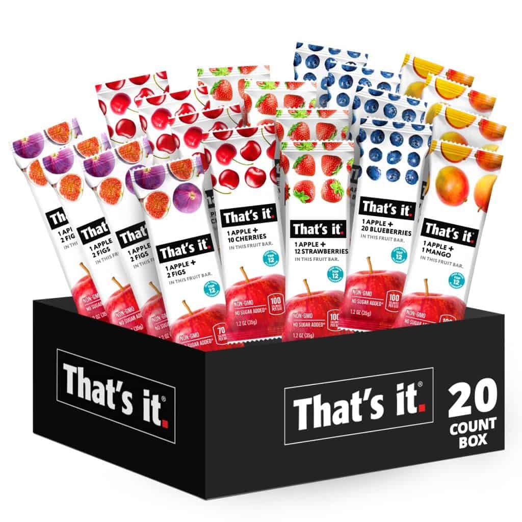 This box contains a variety of fruit bars, which are convenient and healthy snacks you can bring on an airplane for a quick and tasty energy boost.