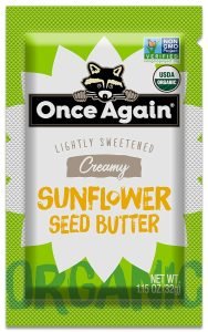 A packet of Once Again creamy sunflower seed butter, which is a travel-friendly option for snacks you can bring on an airplane.