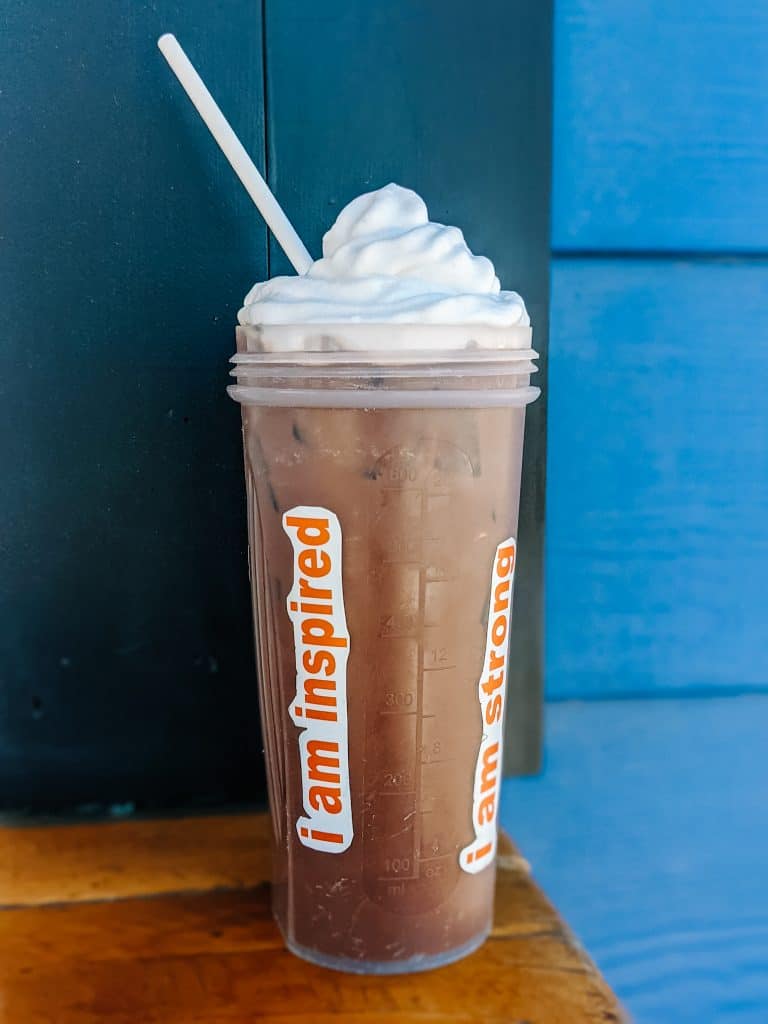 In the City of Big Bear, I enjoyed this refreshing iced chocolate drink, topped with whipped cream and the inspirational phrases on the cup, "I am inspired" and "I am strong,"