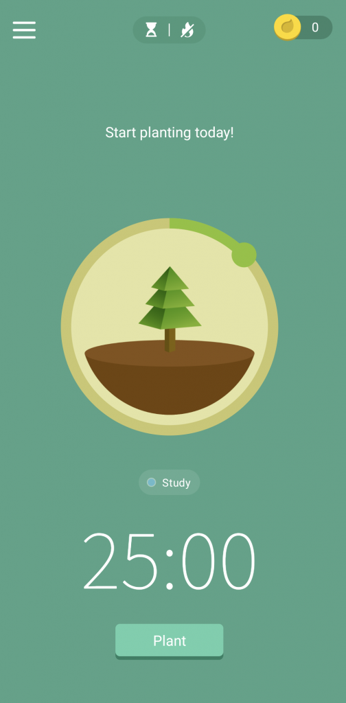 A sustainability apps that encourages productivity through an engaging method of virtual tree planting. The app interface shows a timer set for 25 minutes, labeled "Study," with a button that says "Plant" at the bottom. The center of the screen features an illustration of a young tree in soil, under the text "Start planting today!" This app motivates users to stay focused by growing a virtual tree during their work or study sessions, promoting both productivity and environmental awareness.