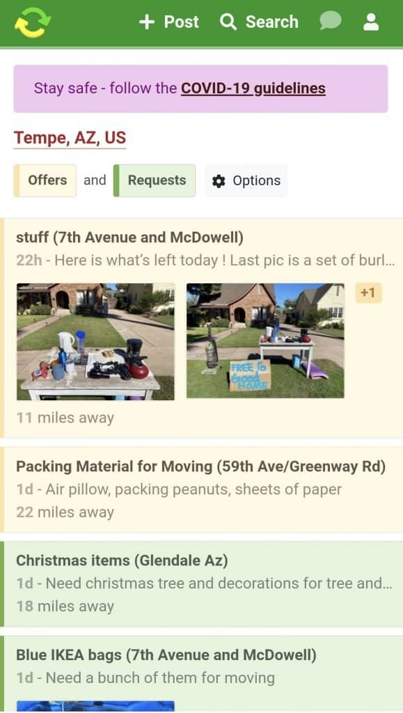 This image displays a screenshot of a sustainability apps, with a section for "Offers" and "Requests" in Tempe, AZ. It includes posts for items like packing materials, Christmas decorations, and IKEA bags, along with images and locations, promoting the exchange and reuse of items to reduce waste.