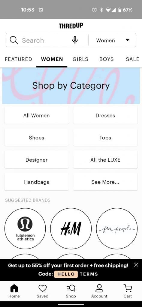 A screenshot from ThredUP, a sustainability apps focused on second-hand fashion. The app's interface shows various shopping categories like dresses, tops, shoes, designer items, handbags, and more for women, along with suggested brands such as Lululemon, H&M, and Free People. A banner at the bottom offers up to 55% off the first order and free shipping with a code.