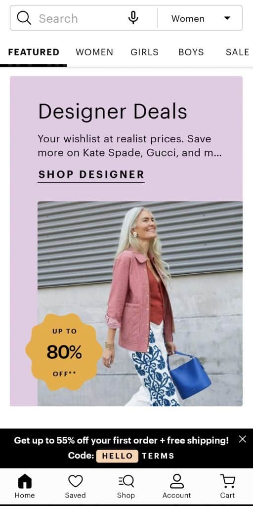 A screenshot from a sustainability apps highlights "Designer Deals" with up to 80% off. The app menu includes categories like Featured, Women, Girls, Boys, and Sale. A promotion at the bottom offers a discount for first orders.