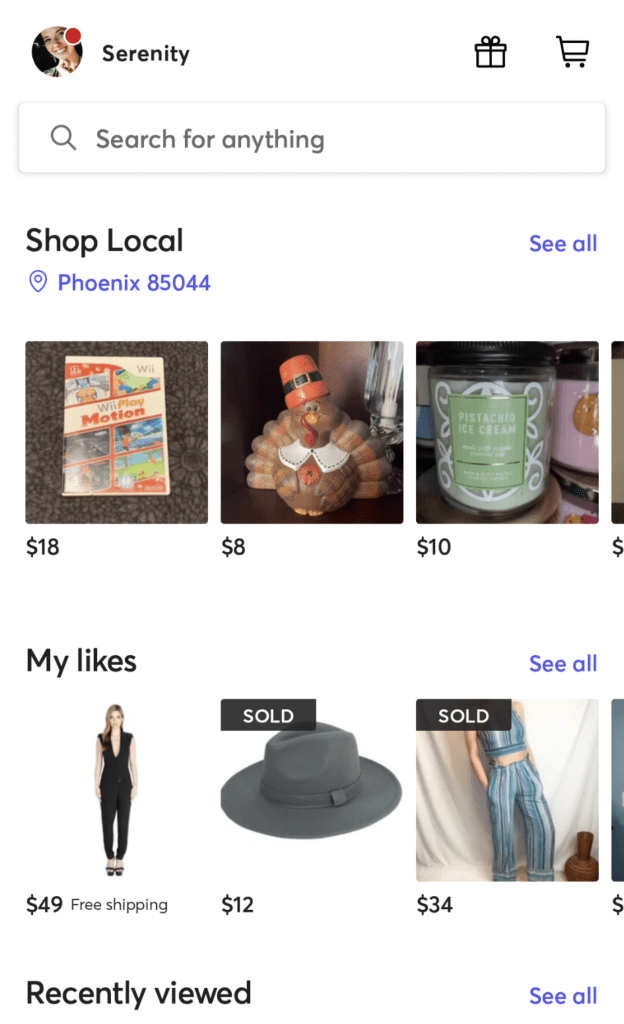 A screenshot from a sustainability app that encourages local shopping. It features a "Shop Local" section for the Phoenix 85044 area with items priced at $18, $8, and $10. Below, there are items listed under "My likes," with a sold-out hat for $12, a sold-out pair of pants for $34, and a dress for $49 with free shipping. The app also includes a "Recently viewed" section, making it easy for users to track items they are interested in.