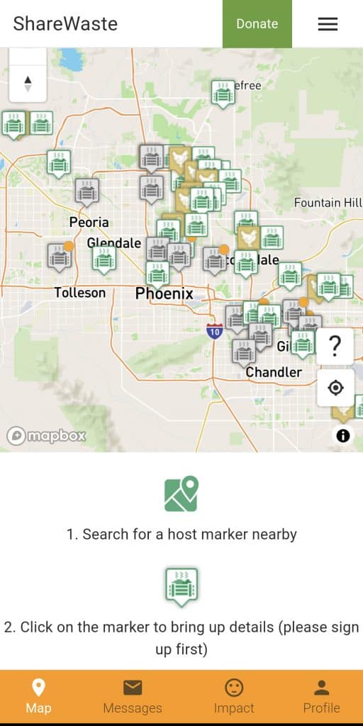 A sustainability app called ShareWaste displays a map of Phoenix with various host markers where you can take your organic waste for composting. The app helps users find nearby hosts, click on the markers for details, and sign up to participate.