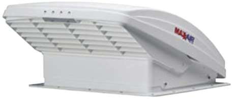 A white roof vent fan, which is an essential part of a camper conversion van. This device helps to maintain airflow and temperature inside the van.