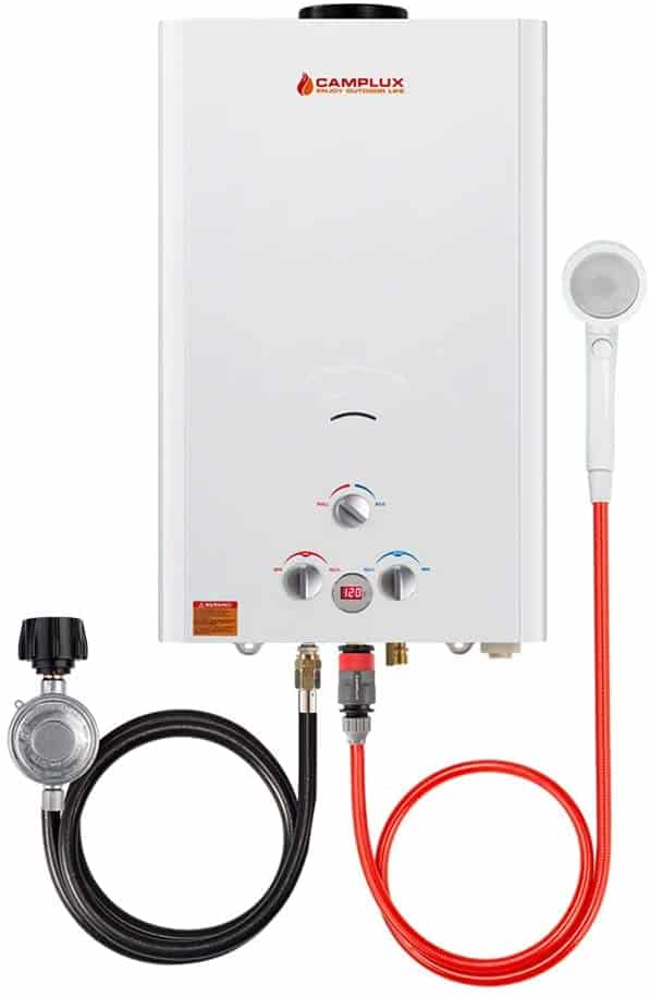 A compact, portable water heater with a white body, featuring two control knobs, and black and red hoses, ideal for a camper conversion van.