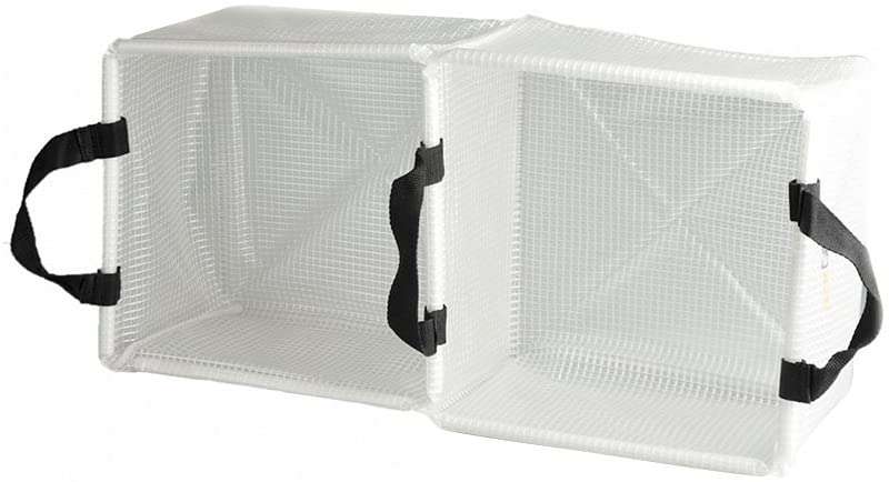 Two white mesh laundry bags with black handles, perfect for organizing and storing clothes in a camper conversion van.