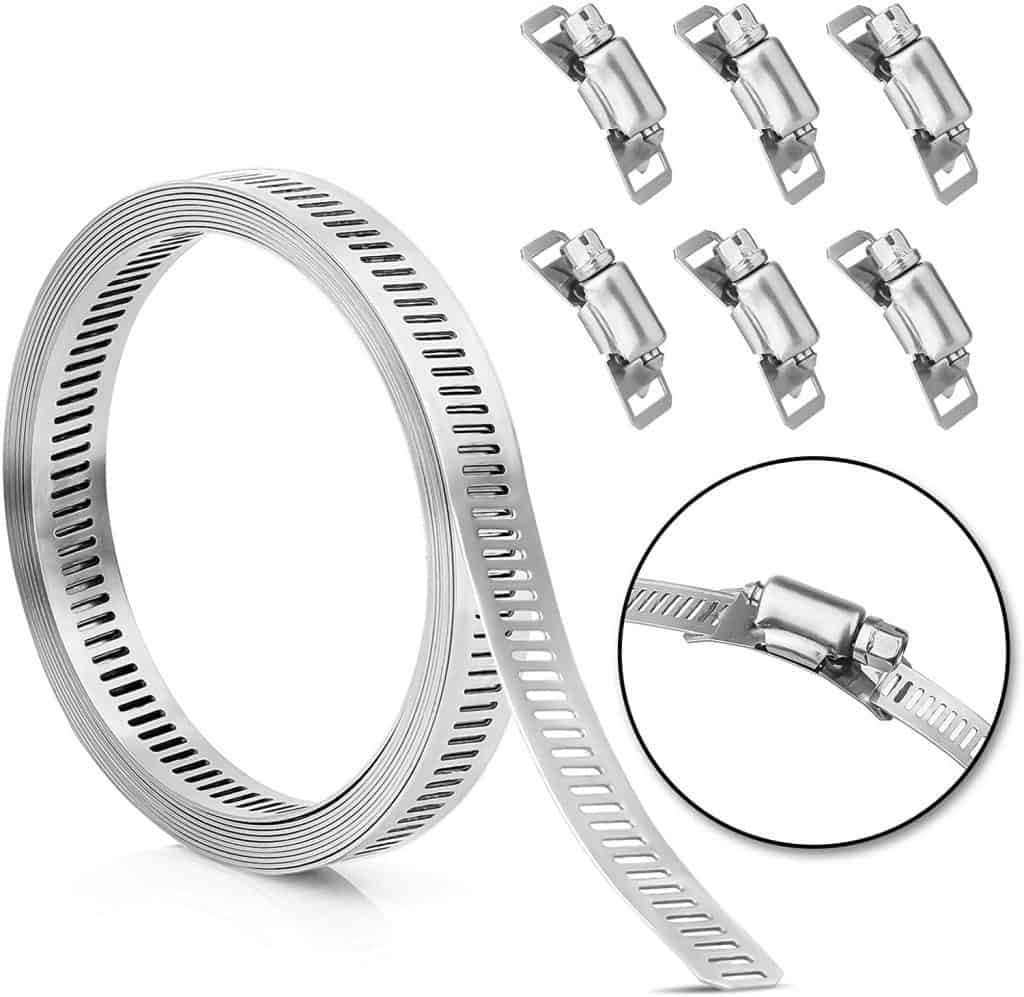 A roll of flexible stainless steel hose clamps, with six additional clamps displayed at the top. A close-up inset shows the mechanism for securing the clamps, making them ideal for securing hoses and other components in a camper conversion van.