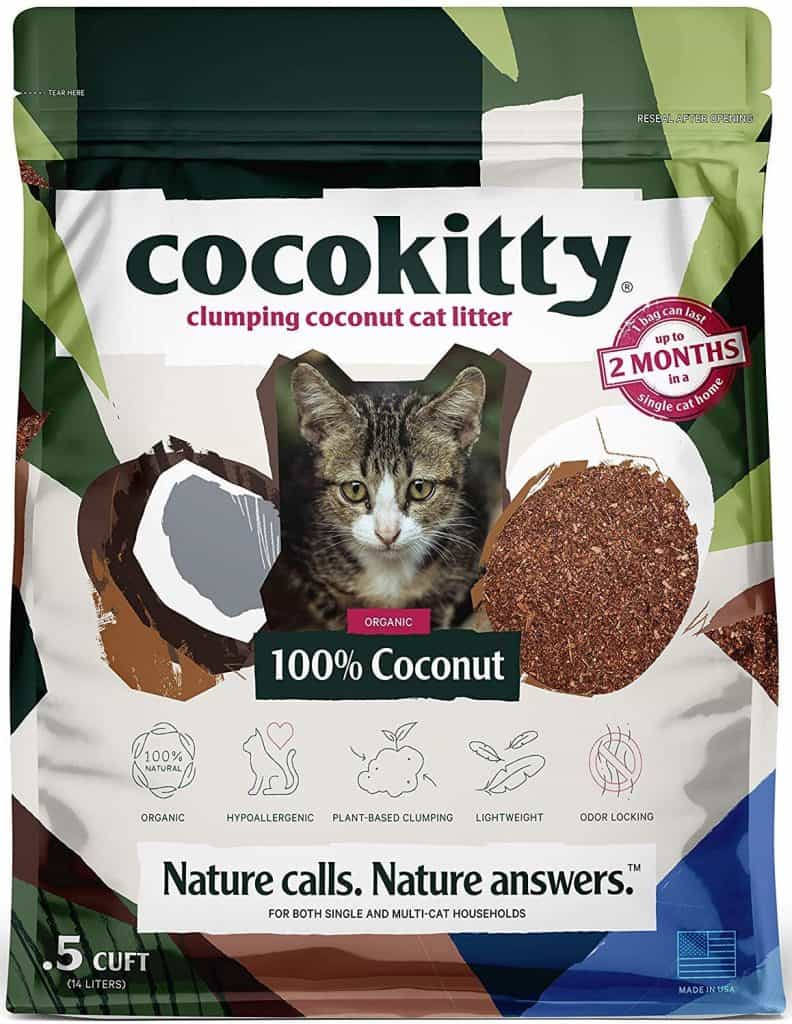 A bag of Cocokitty clumping coconut cat litter, perfect for maintaining cleanliness in a camper conversion van with a pet.