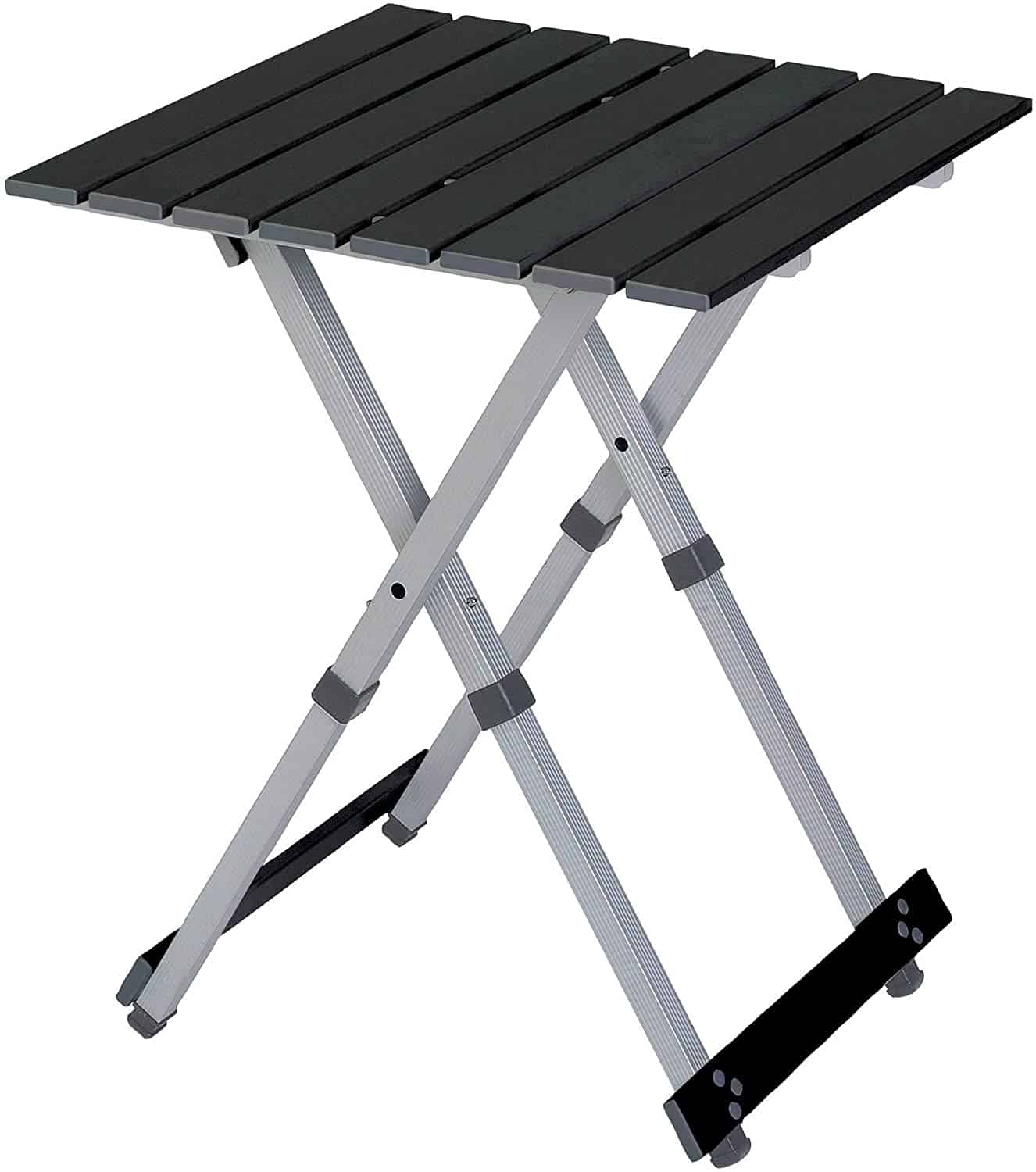 A compact, foldable table with a black slatted top and silver metal legs, ideal for use in a camper conversion van.