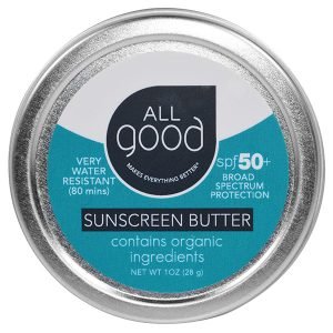 A small tin labeled "All Good Sunscreen Butter SPF 50+," which is water-resistant and contains organic ingredients, making it a great addition to a sustainable gift guide.