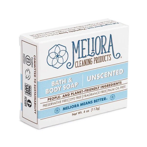 This image in the sustainable gift guide depicts a bar of unscented Meliora bath and body soap in eco-friendly packaging.