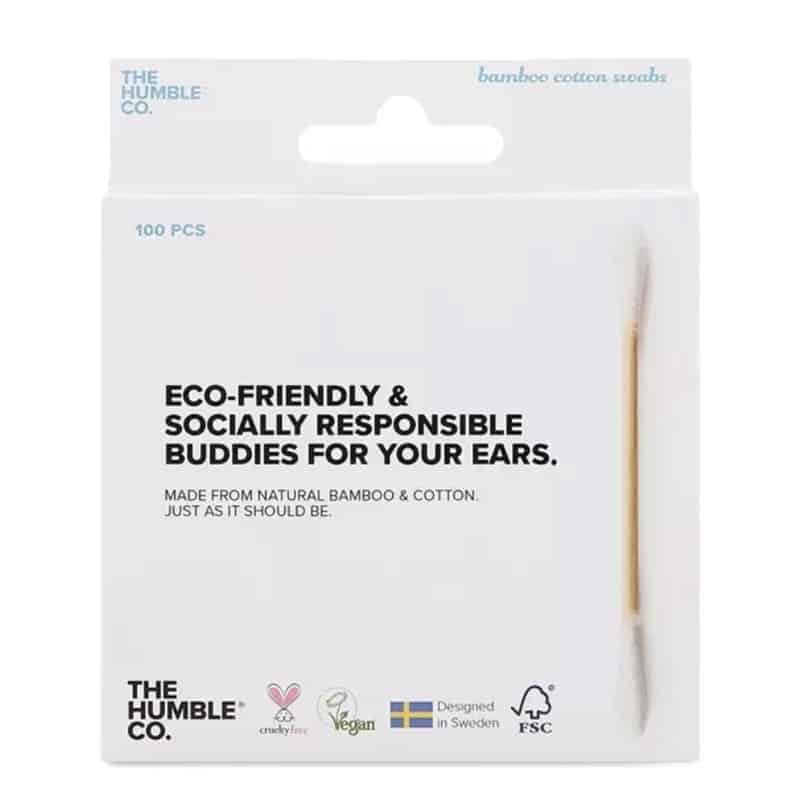 A box of eco-friendly and socially responsible cotton swabs from The Humble Co., made from natural bamboo and cotton, ideal for a sustainable gift guide.