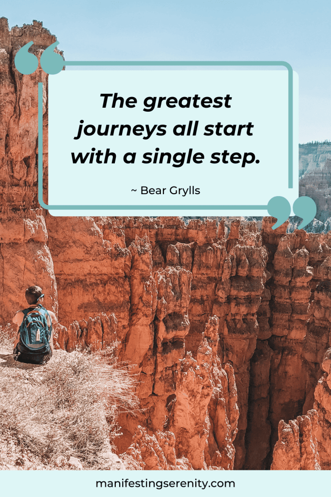 Sitting on the edge of a rocky cliff, overlooking a stunning canyon with towering red rock formations, with the quote "The greatest journeys all start with a single step" by Bear Grylls prominently displayed above, embodying the essence of inspirational adventure quotes.