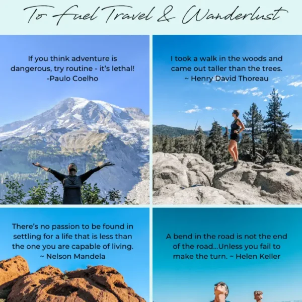 A beautiful scenic view with mountains and a clear sky, paired with an uplifting quote that inspires adventure. It’s a perfect example of how inspirational adventure quotes can motivate us to explore the world and embrace new experiences.