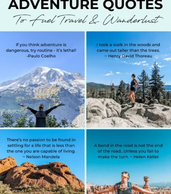 A beautiful scenic view with mountains and a clear sky, paired with an uplifting quote that inspires adventure. It’s a perfect example of how inspirational adventure quotes can motivate us to explore the world and embrace new experiences.