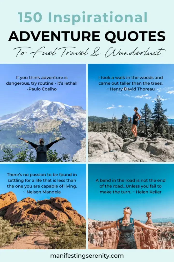 A beautiful scenic view with mountains and a clear sky, paired with an uplifting quote that inspires adventure. It’s a perfect example of how inspirational adventure quotes can motivate us to explore the world and embrace new experiences.