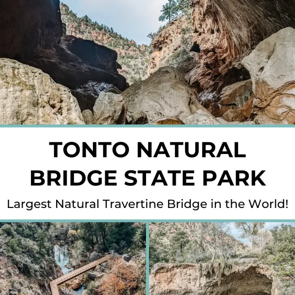 Standing under the Tonto Natural Bridge, a massive natural rock arch. The view is incredible, with the sunlight filtering through and highlighting the beauty of this unique Arizona landmark.