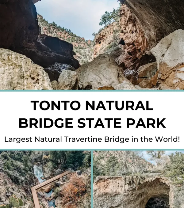 Standing under the Tonto Natural Bridge, a massive natural rock arch. The view is incredible, with the sunlight filtering through and highlighting the beauty of this unique Arizona landmark.