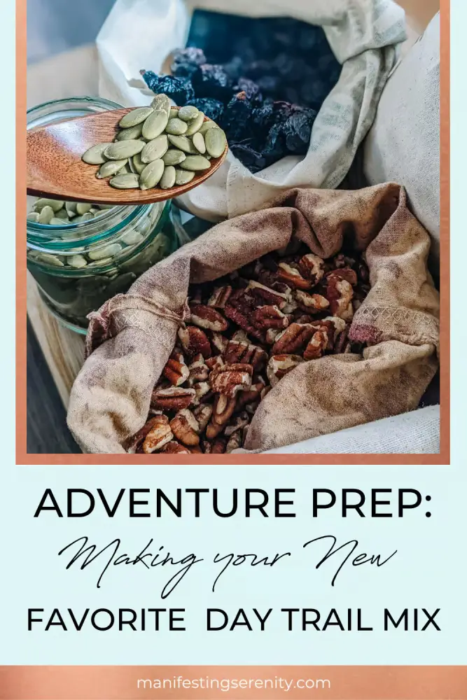 My favorite day trail mix, packed with nuts, dried fruit, and a bit of chocolate. It's the perfect snack for hiking or any outdoor adventure, providing energy and a delicious boost throughout the day.