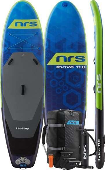 A blue and green paddleboard labeled "thrive 11.0," along with a paddle, a pump, and a black carrying bag, ideal for activities in an adventure guide.