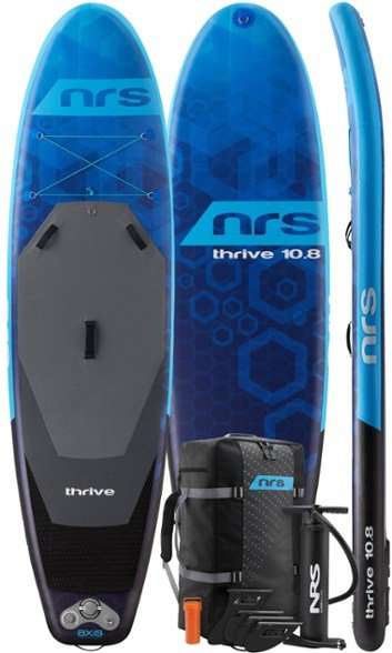 A blue and black paddleboard labeled "thrive 10'8," accompanied by a paddle, a pump, and a carrying bag, ideal for activities in an adventure guide.