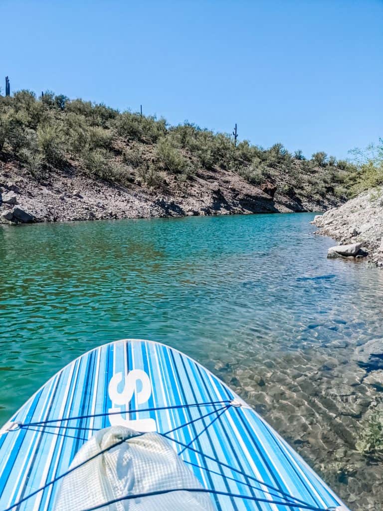 A striped paddleboard floating on clear turquoise water near a rocky shoreline with green bushes, seen during an adventure guide trip.