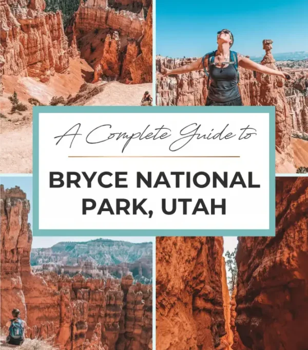 A breathtaking view of Bryce National Park, with its unique orange rock formations and spires rising against a clear blue sky. The landscape is both dramatic and beautiful, highlighting the park’s distinct, otherworldly scenery.