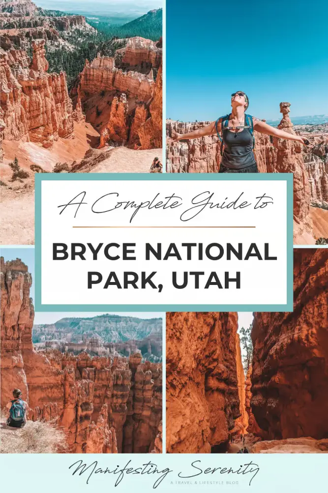 A breathtaking view of Bryce National Park, with its unique orange rock formations and spires rising against a clear blue sky. The landscape is both dramatic and beautiful, highlighting the park’s distinct, otherworldly scenery.