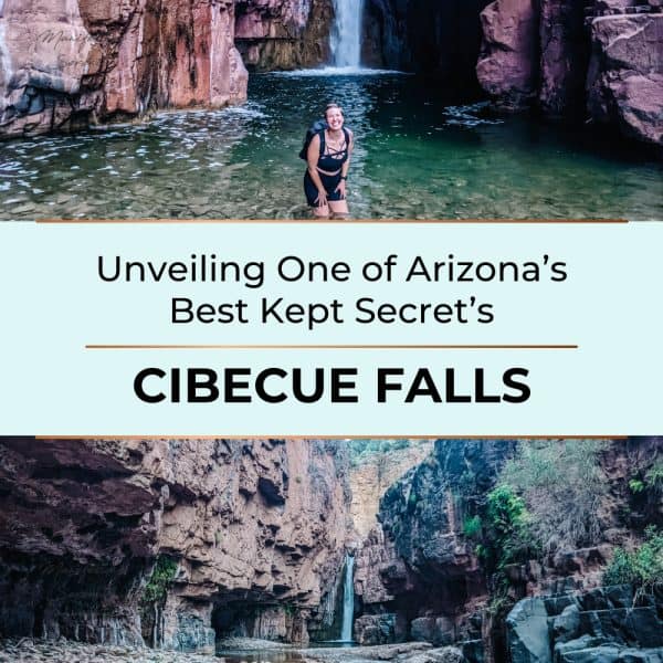 The stunning Cibecue Falls, with water cascading down a rocky cliff surrounded by green trees and rugged terrain. It captures the natural beauty of this peaceful spot, making it a perfect place for a quiet outdoor escape.