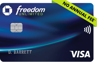 The Chase Freedom Unlimited credit card with a blue design, the words "no annual fee" in a green banner, and the Visa logo, often paired with the best travel credit card for additional cashback rewards.