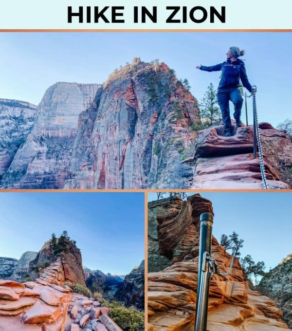 A steep, rocky trail leading up to the top of Angels Landing, with dramatic views of Zion National Park below. The narrow path and sharp cliffs make this hike both challenging and rewarding, offering stunning panoramic views for those brave enough to complete it.