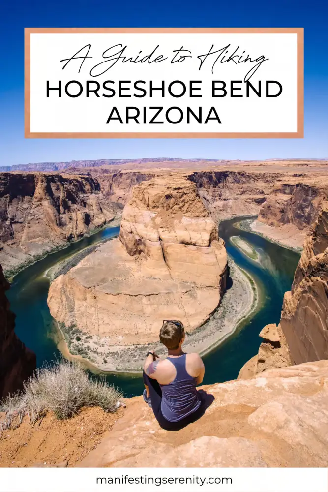 The iconic Horseshoe Bend in Arizona, where the Colorado River curves around a striking red rock formation. The dramatic shape of the river and the surrounding cliffs create a stunning, almost surreal landscape.