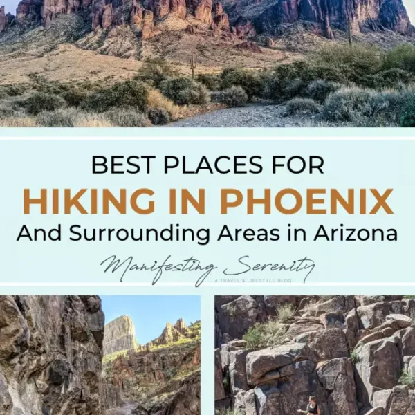 Walking along a desert trail with rocky terrain and distant mountains, typical of hiking in Phoenix. The clear sky and rugged landscape make it a perfect setting for outdoor adventure in Arizona’s natural beauty.