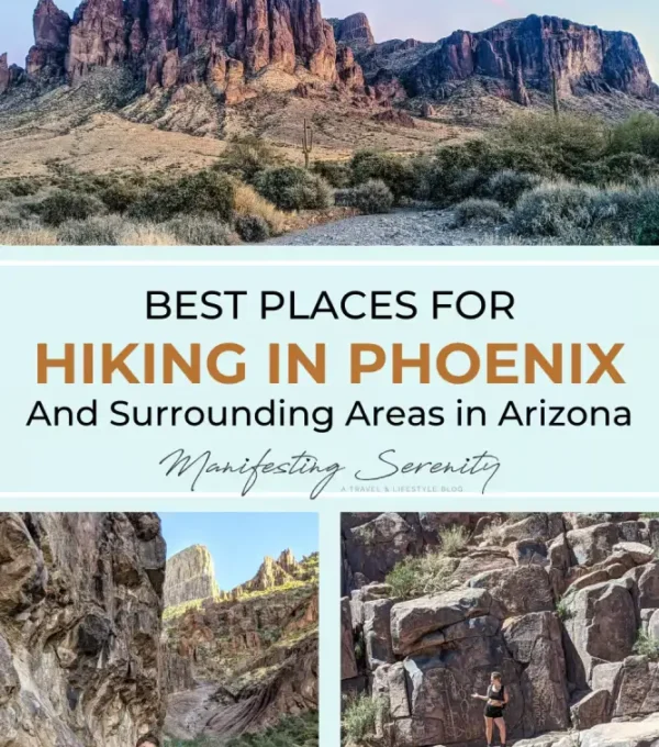 Walking along a desert trail with rocky terrain and distant mountains, typical of hiking in Phoenix. The clear sky and rugged landscape make it a perfect setting for outdoor adventure in Arizona’s natural beauty.