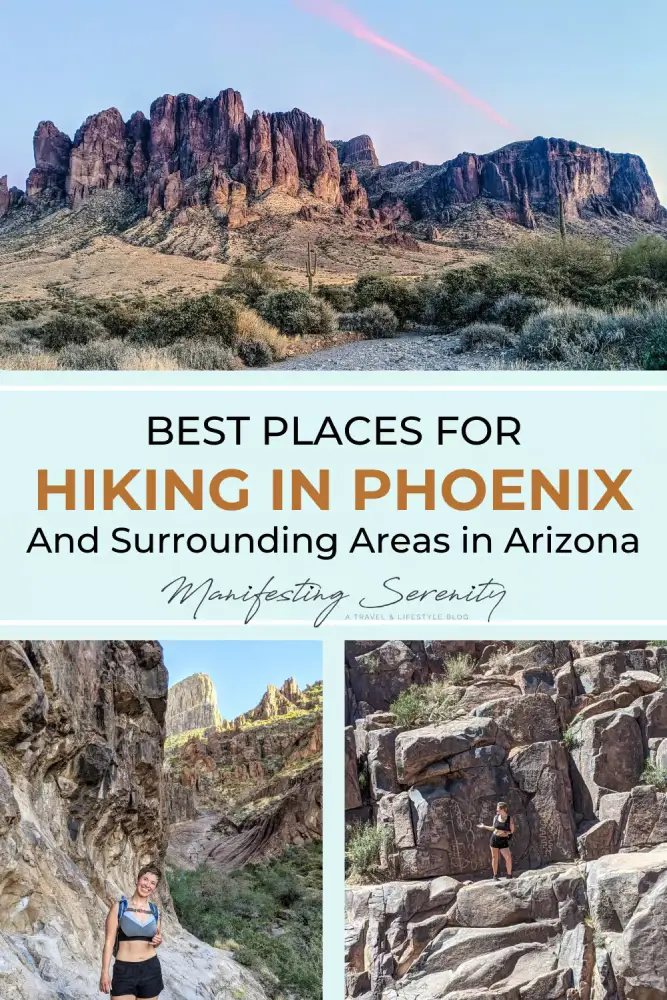 Walking along a desert trail with rocky terrain and distant mountains, typical of hiking in Phoenix. The clear sky and rugged landscape make it a perfect setting for outdoor adventure in Arizona’s natural beauty.