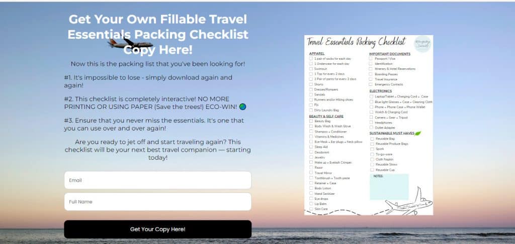 A promotional page offering a fillable travel essentials packing list for vacation, featuring a checklist on the right side and a form to download the list on the left, set against a serene background of a sunset over the ocean.