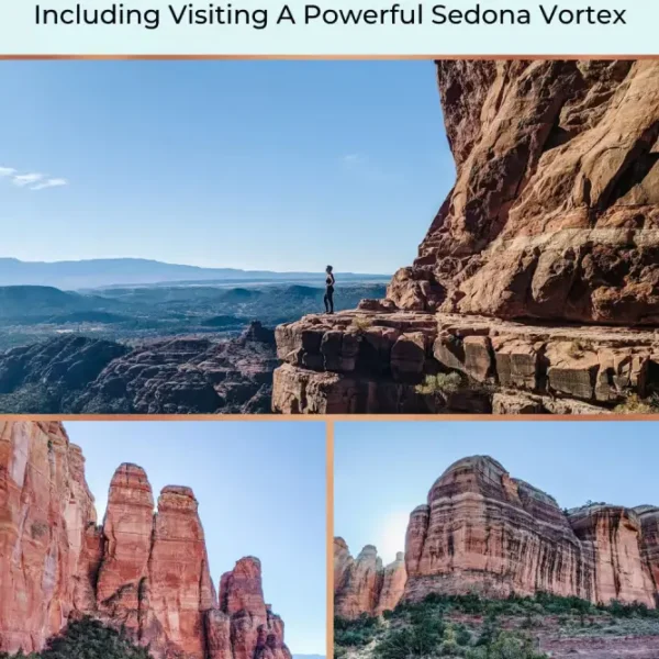 A stunning view of Sedona's red rock formations, with sunlight filtering through the clouds, creating a peaceful and energetic atmosphere. This scene captures the essence of the Sedona vortex, a place known for its unique spiritual energy and natural beauty.