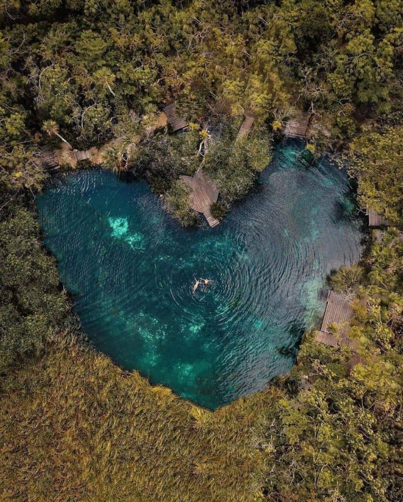 Aerial view of Cenote Tulum, a heart-shaped natural swimming hole surrounded by lush greenery and clear blue water.