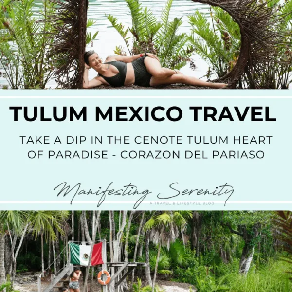 The relaxing vibe of Cenote Tulum, with lush greenery surrounding the crystal-clear water. The top section highlights a hammock-like perch, while the bottom shows a vibrant view of the cenote with Mexican flags adding a cultural touch.